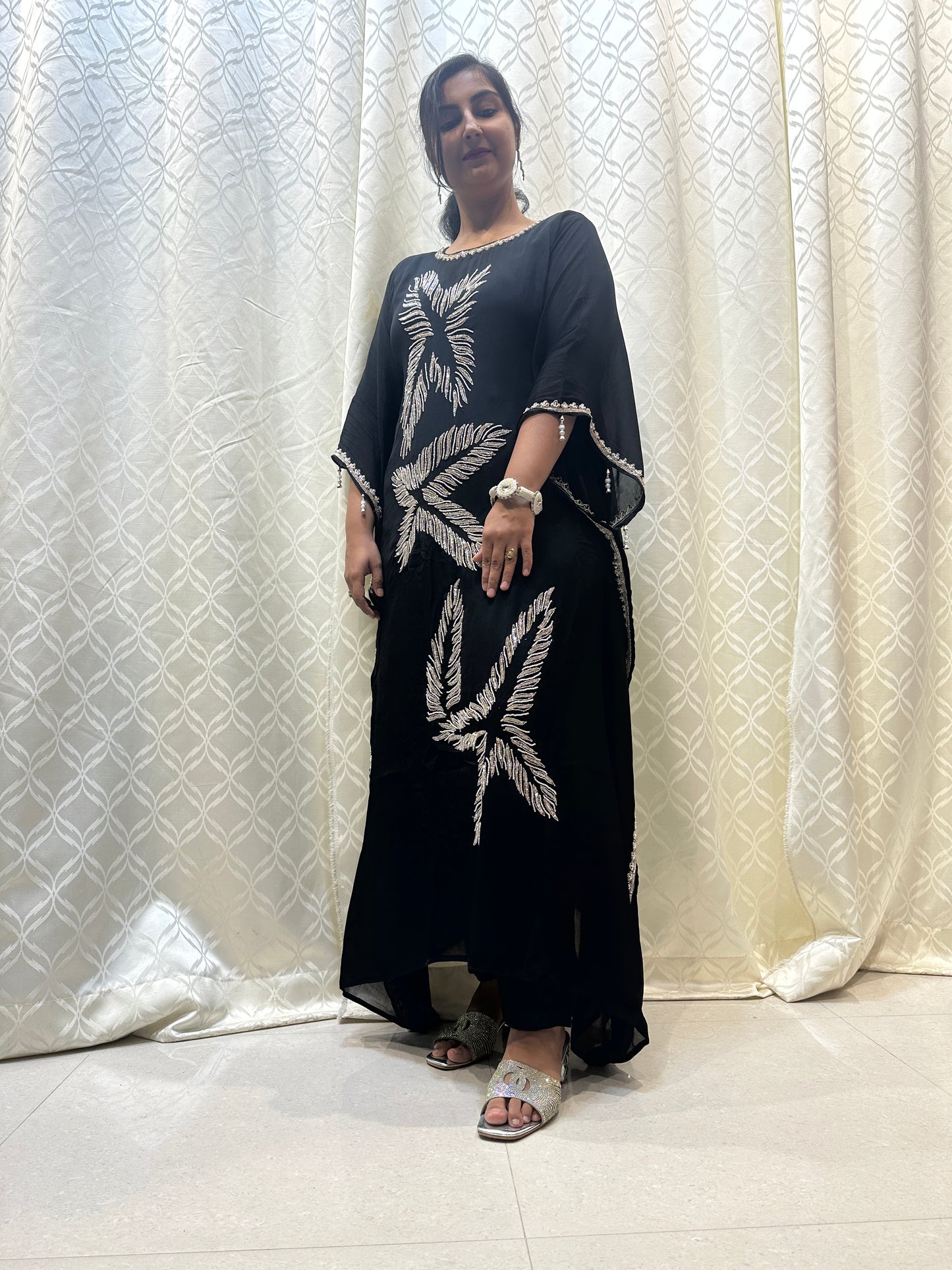 Midnight Black Feather Embroidered Kaftan Set