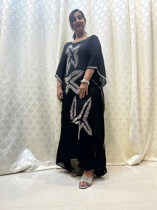 Midnight Black Feather Embroidered Kaftan Set