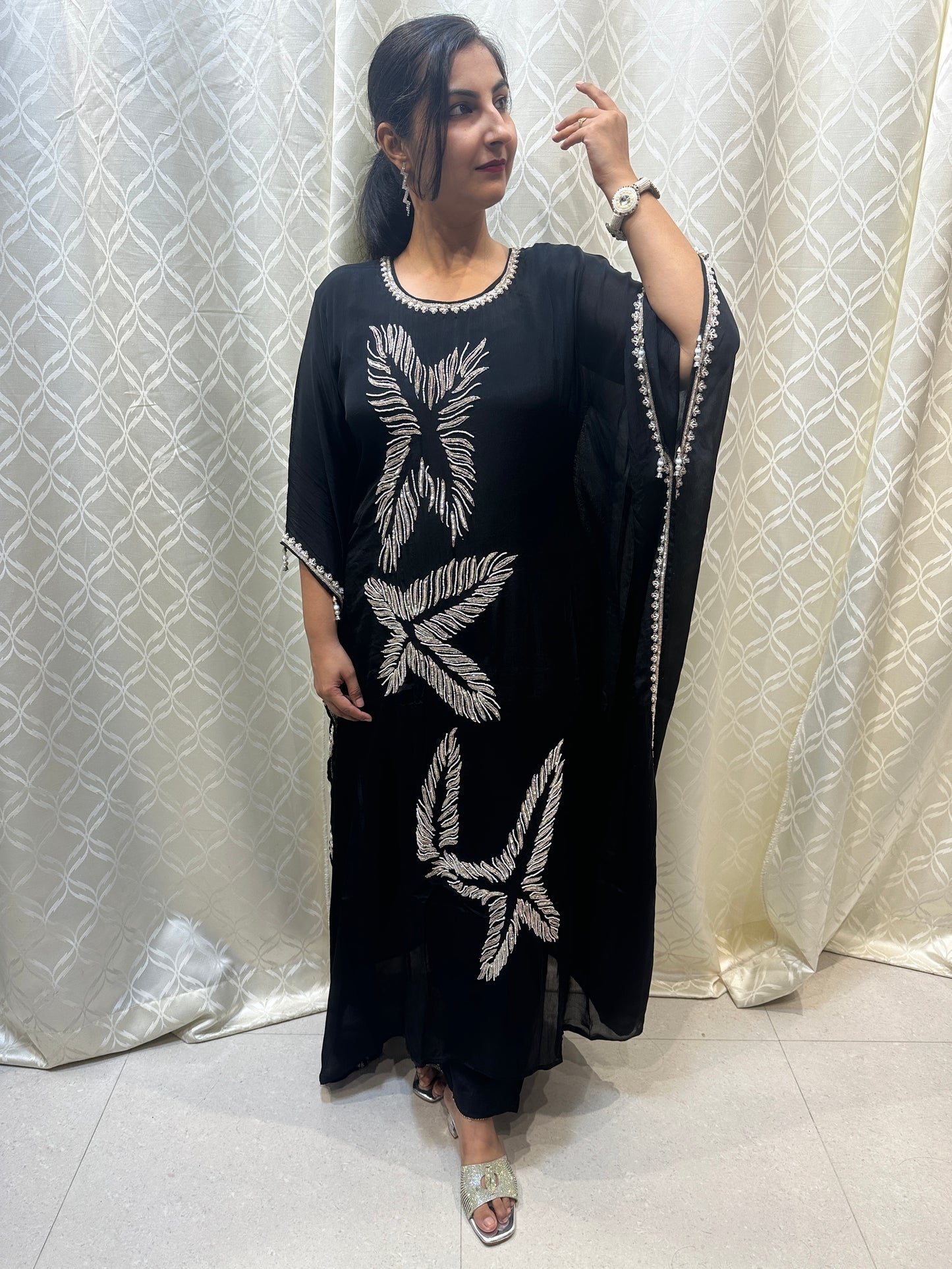 Midnight Black Feather Embroidered Kaftan Set