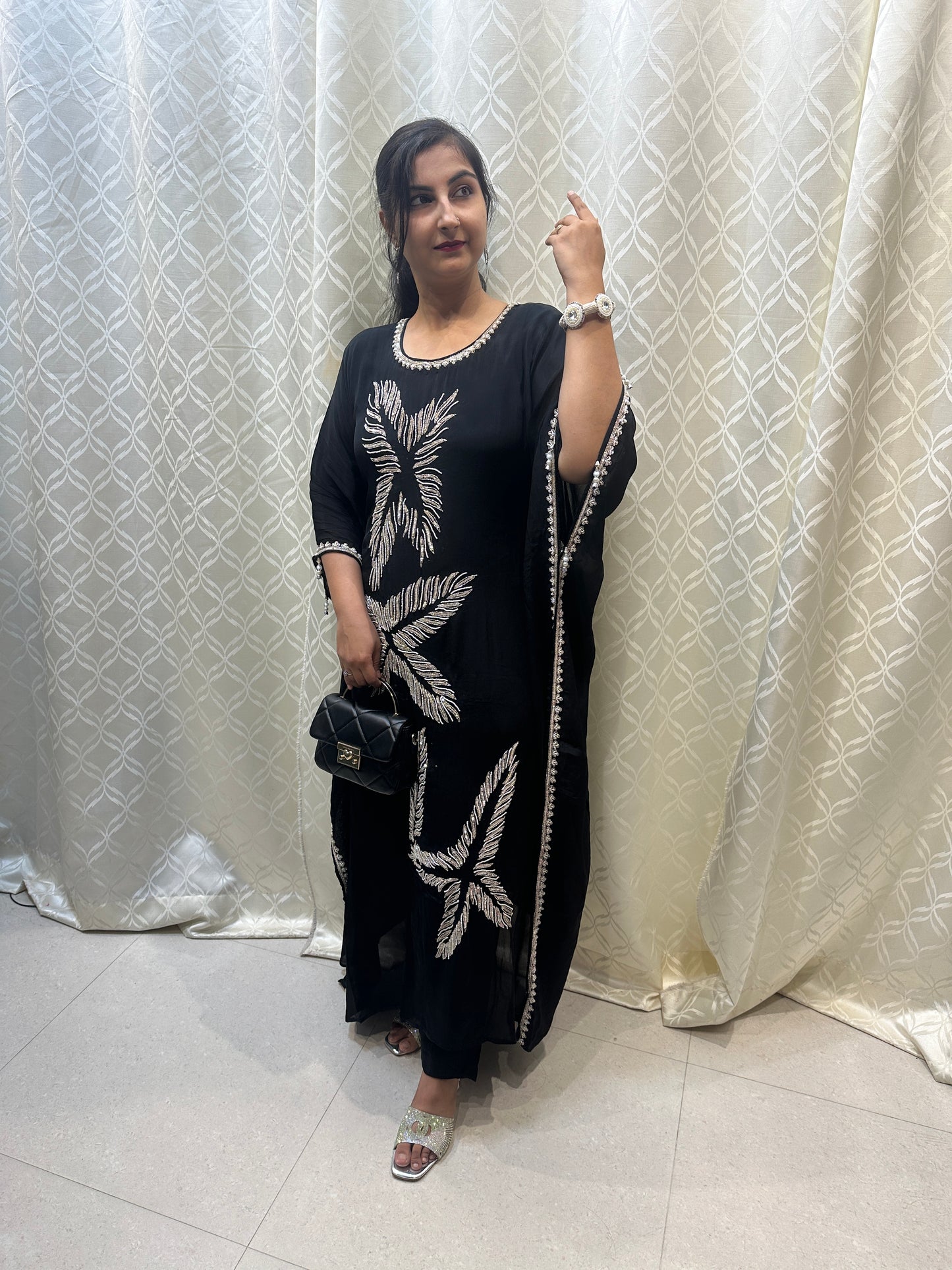 Midnight Black Feather Embroidered Kaftan Set