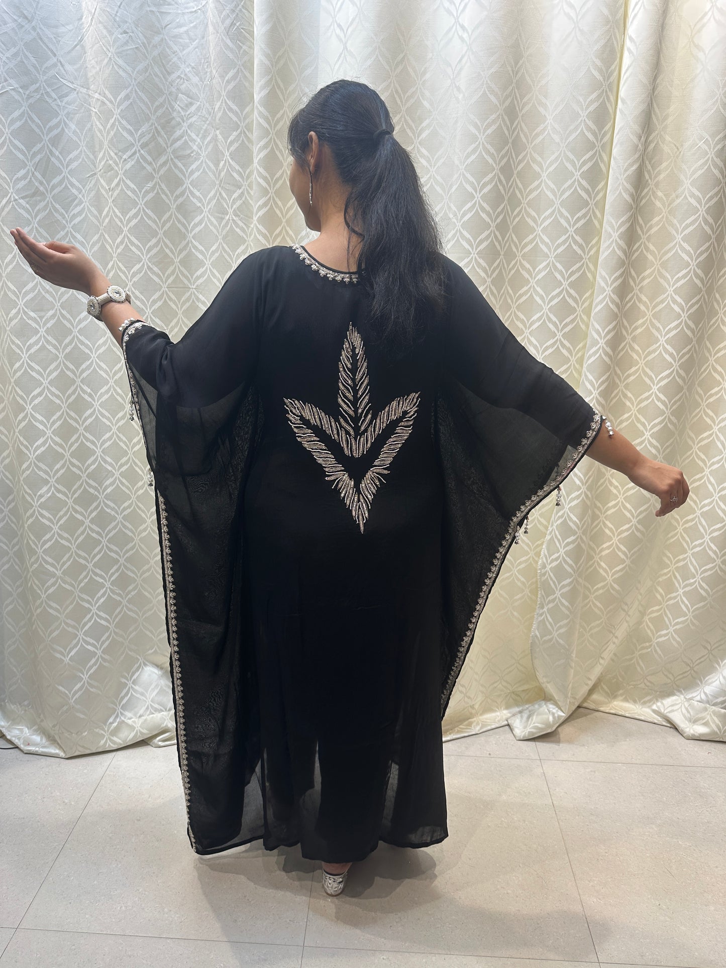 Midnight Black Feather Embroidered Kaftan Set