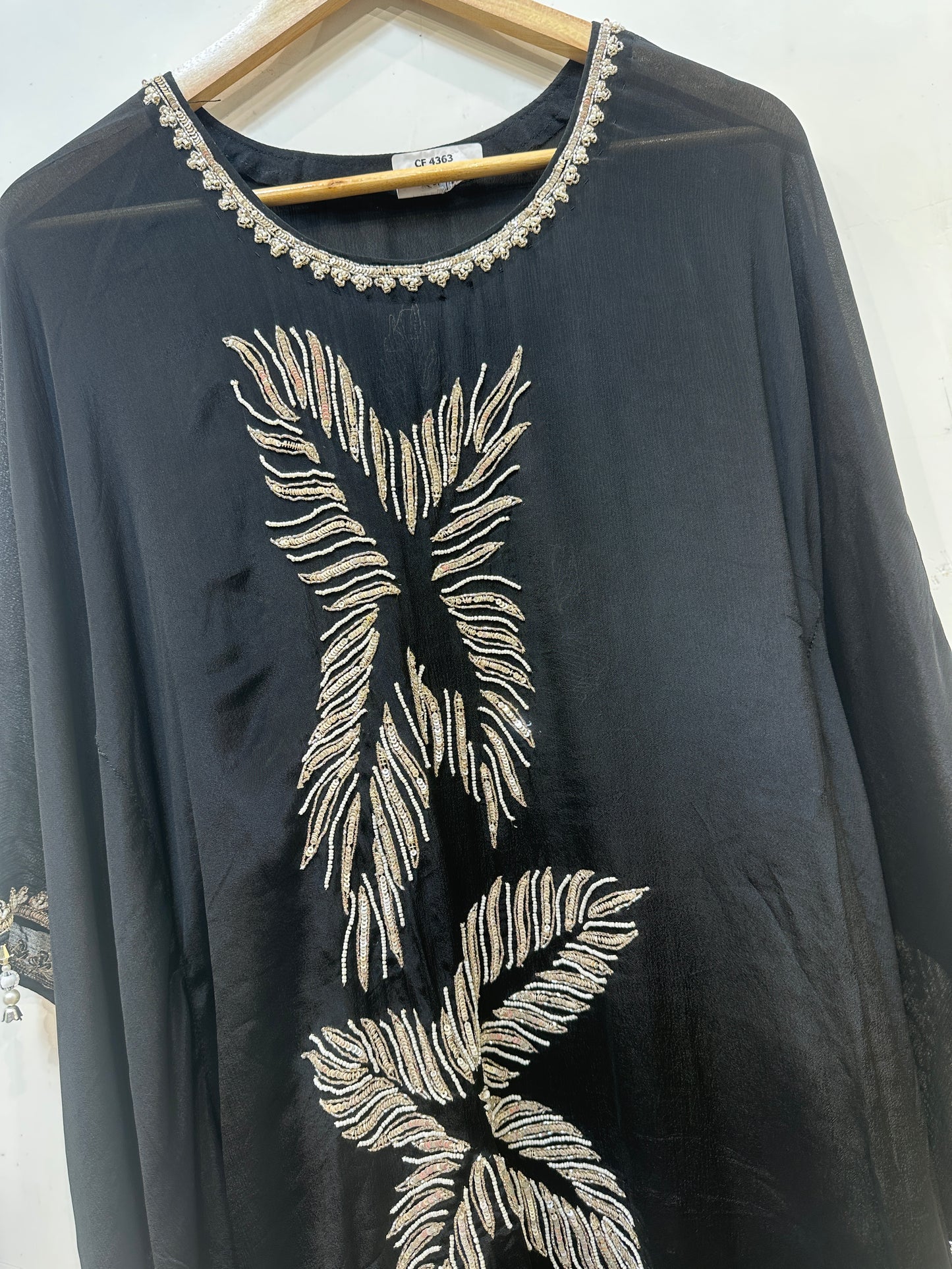 Midnight Black Feather Embroidered Kaftan Set