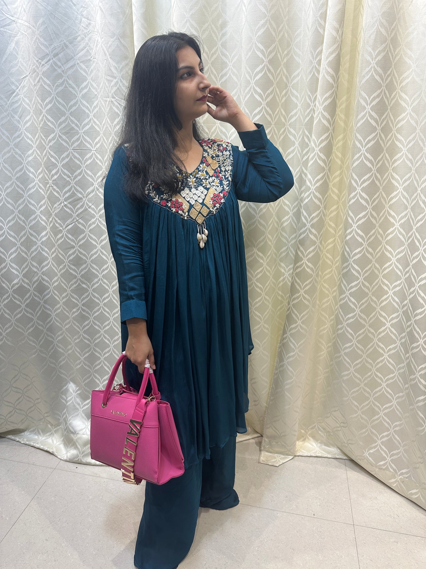 Teal Hand-Embroidered Shell Tassel Co-ord Set