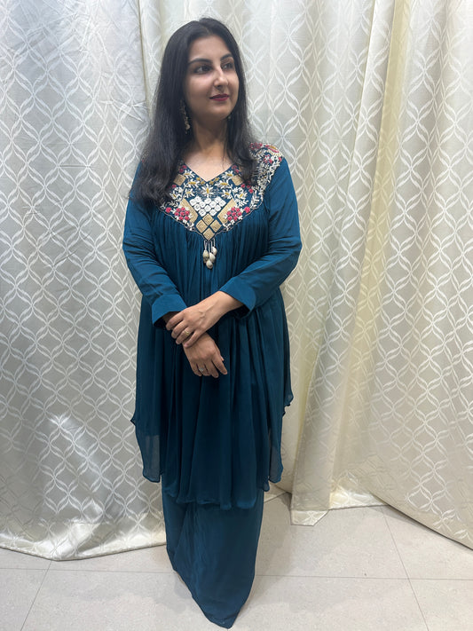 Teal Hand-Embroidered Shell Tassel Co-ord Set
