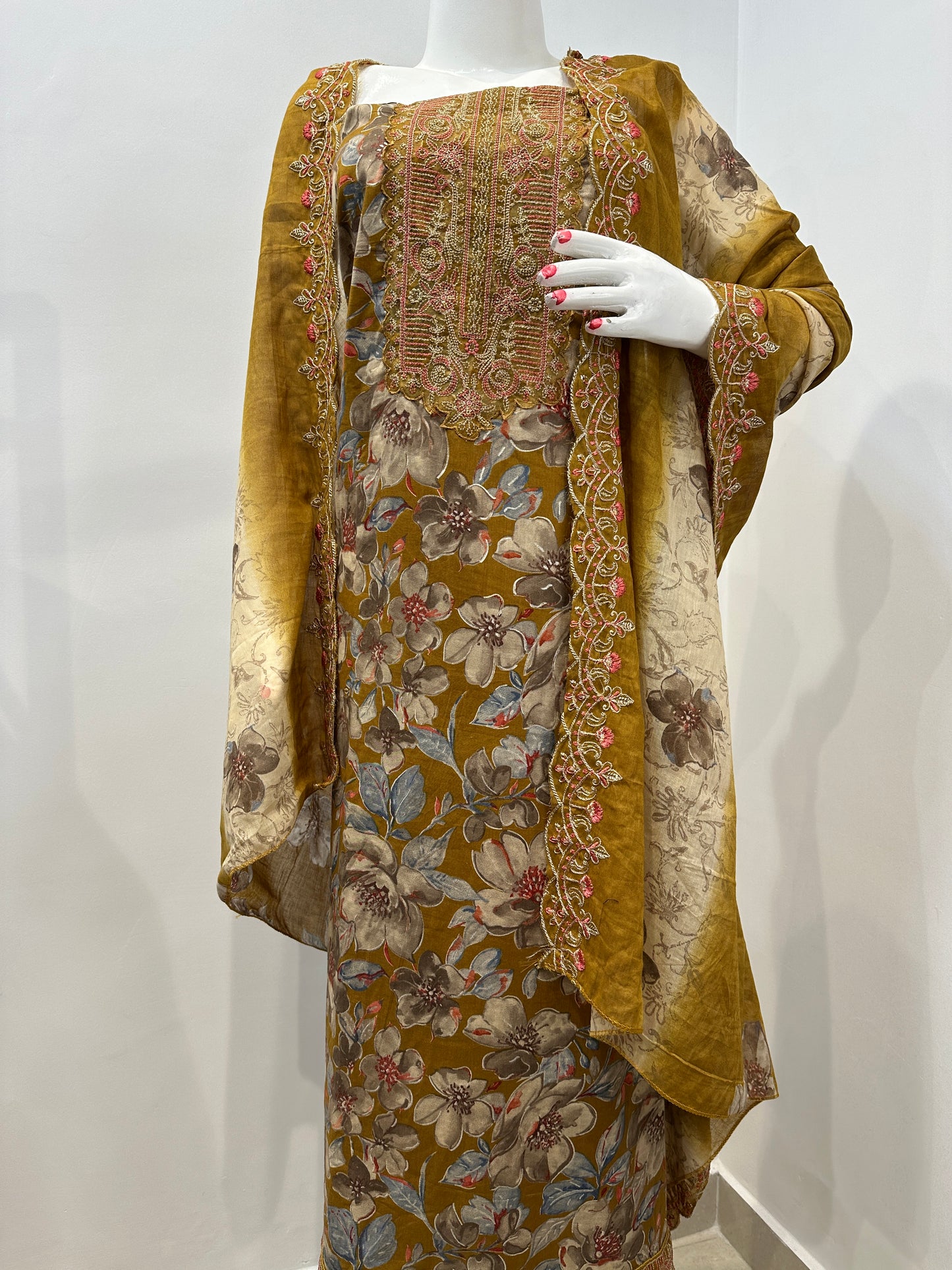 Mustard Floral Cambric Cotton Unstitched Suit Set