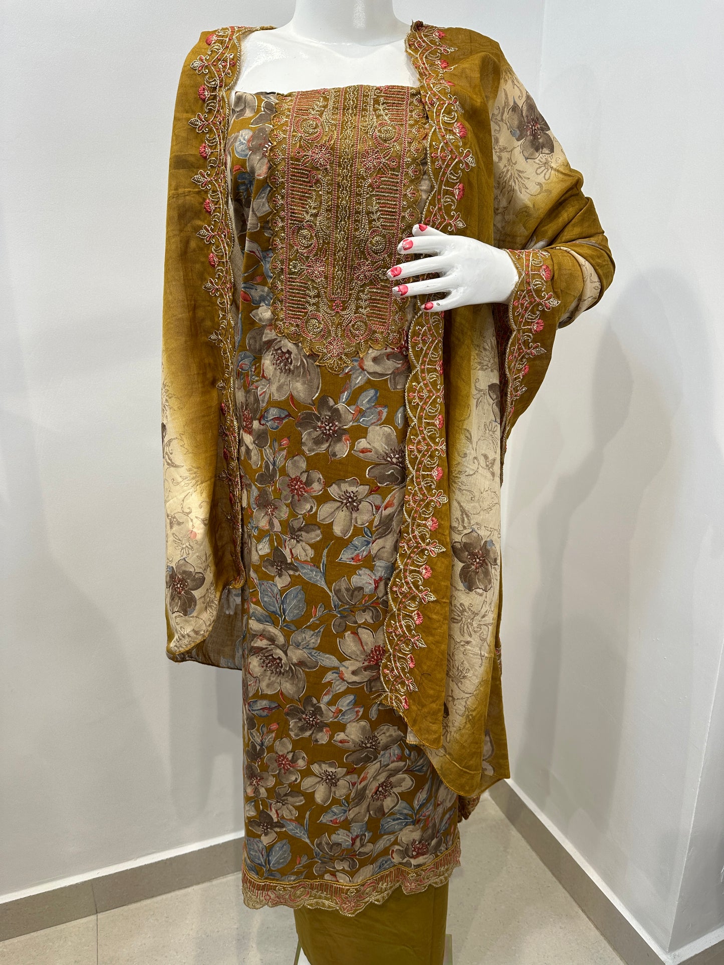 Mustard Floral Cambric Cotton Unstitched Suit Set