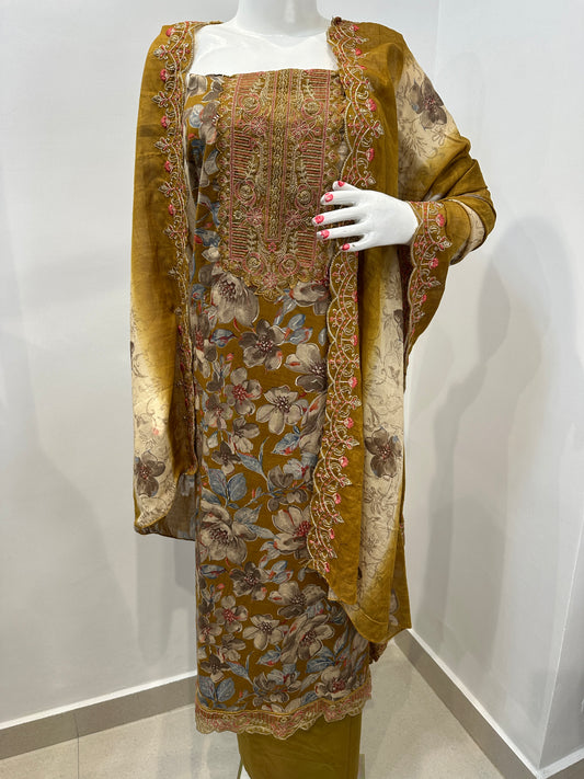 Mustard Floral Cambric Cotton Unstitched Suit Set