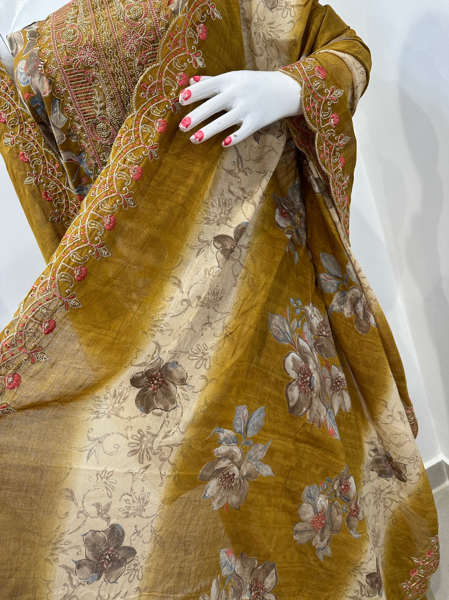 Mustard Floral Cambric Cotton Unstitched Suit Set
