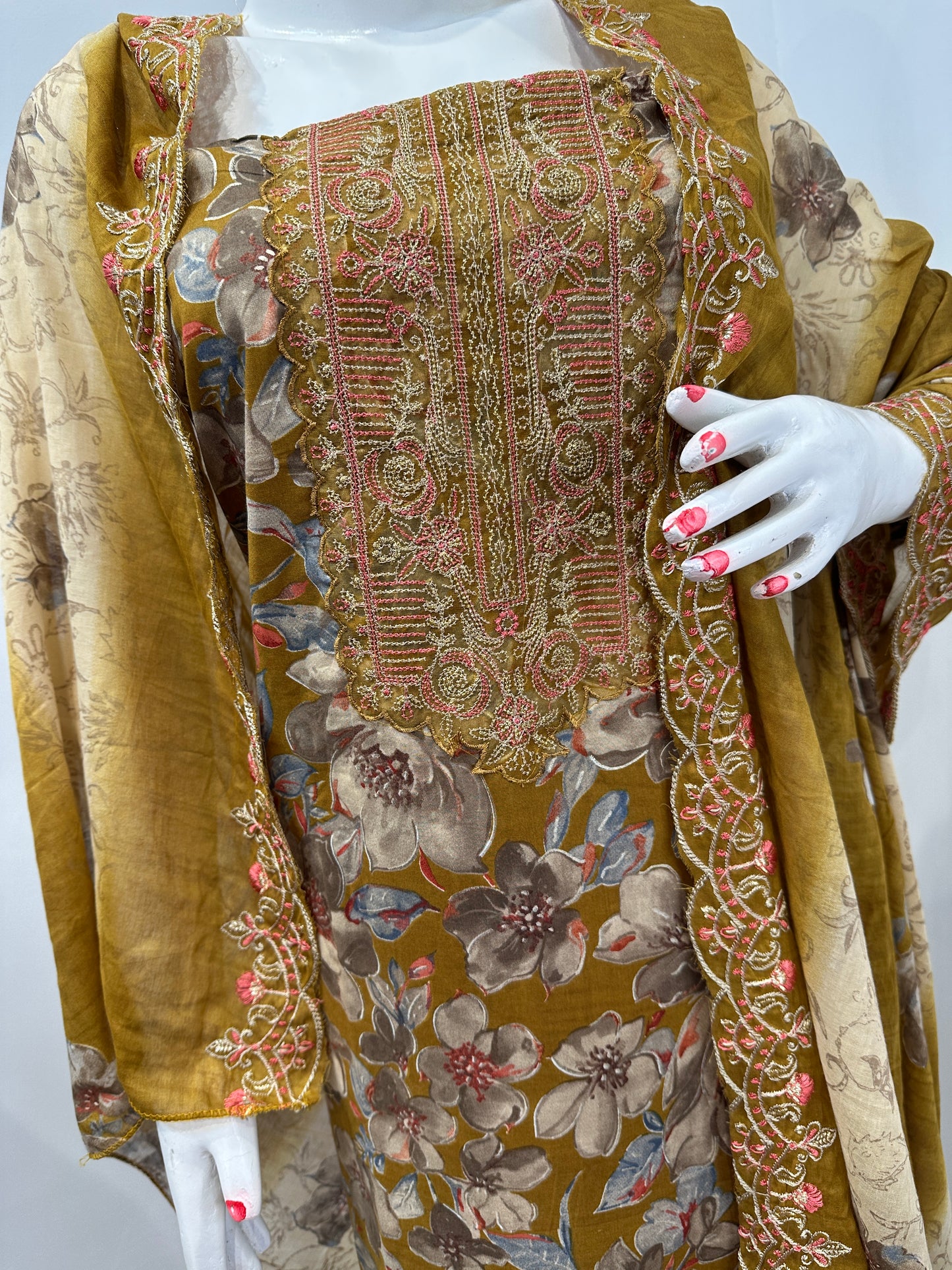 Mustard Floral Cambric Cotton Unstitched Suit Set