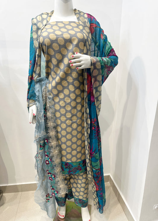 Powder Blue Polka Print Cotton Unstitched Suit Set with Embroidered Patchwork