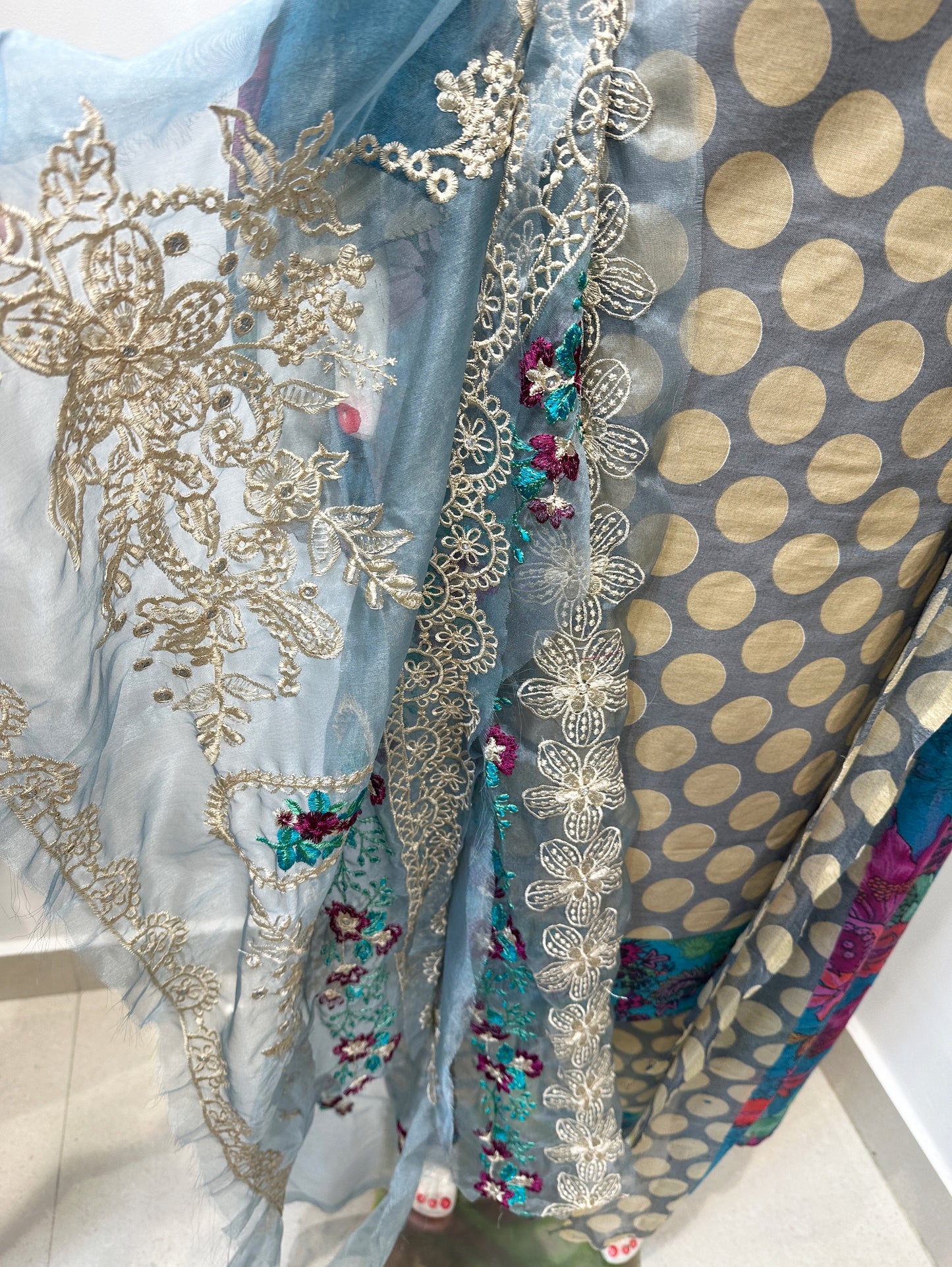 Powder Blue Polka Print Cotton Unstitched Suit Set with Embroidered Patchwork