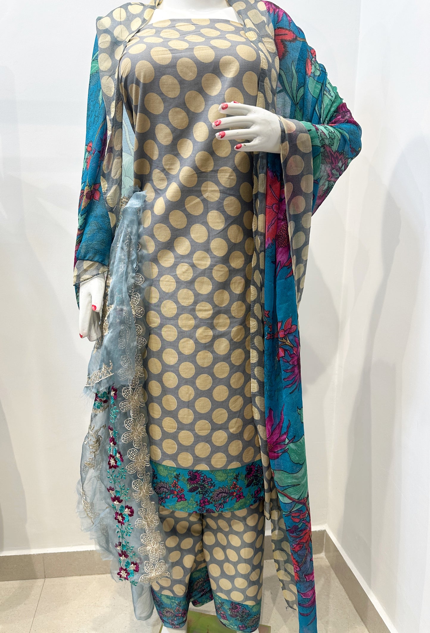 Powder Blue Polka Print Cotton Unstitched Suit Set with Embroidered Patchwork