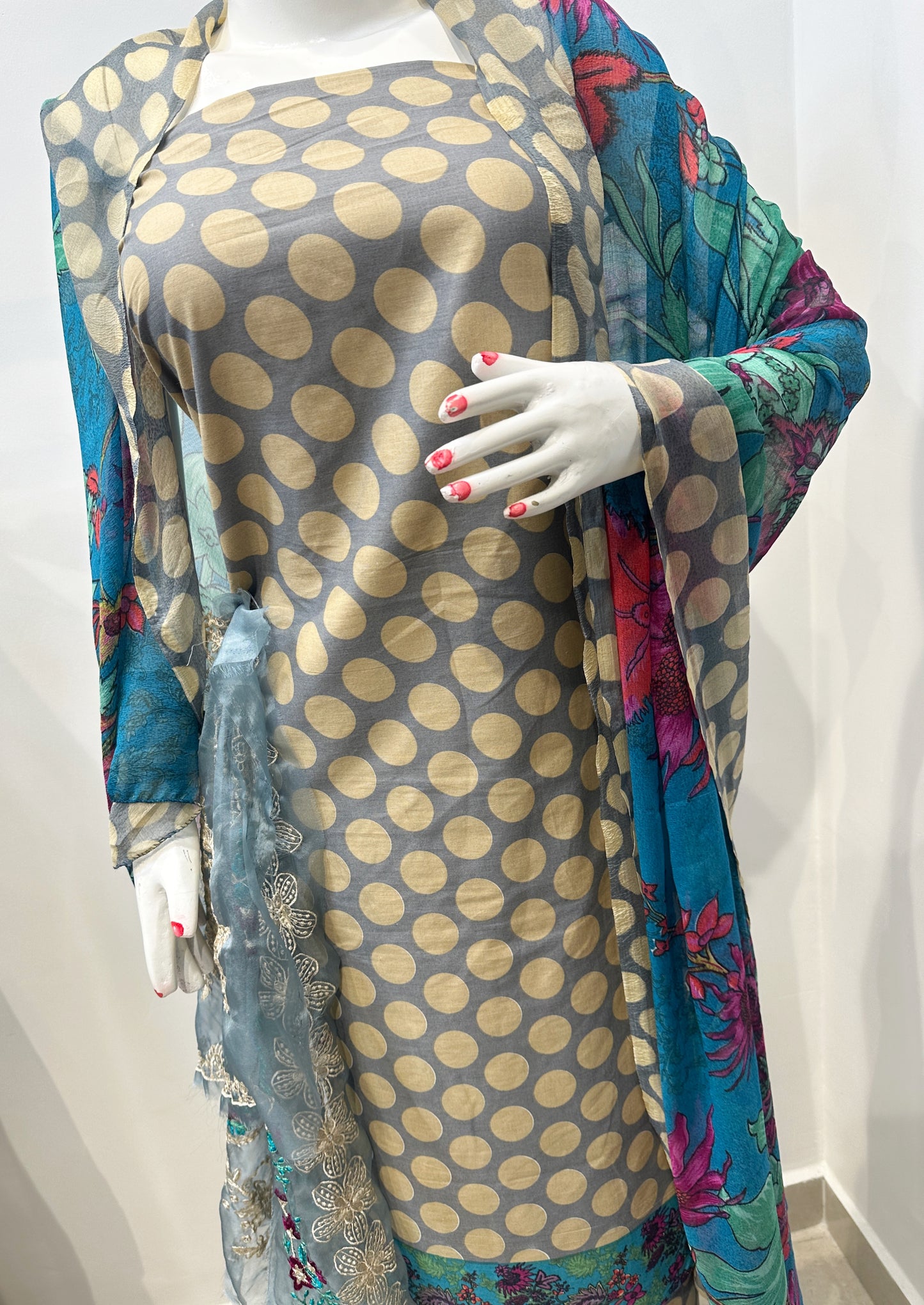 Powder Blue Polka Print Cotton Unstitched Suit Set with Embroidered Patchwork