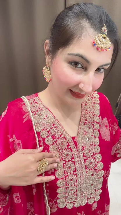 Fuchsia Pink Chinon Partywear Anarkali Suit Set with Beautiful Dupatta
