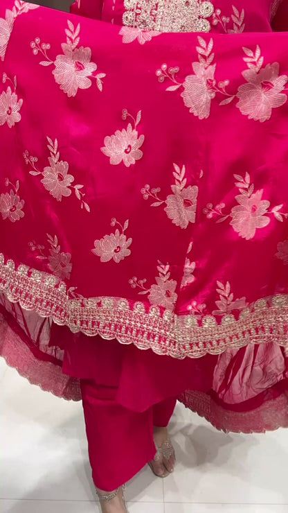 Fuchsia Pink Chinon Partywear Anarkali Suit Set with Beautiful Dupatta