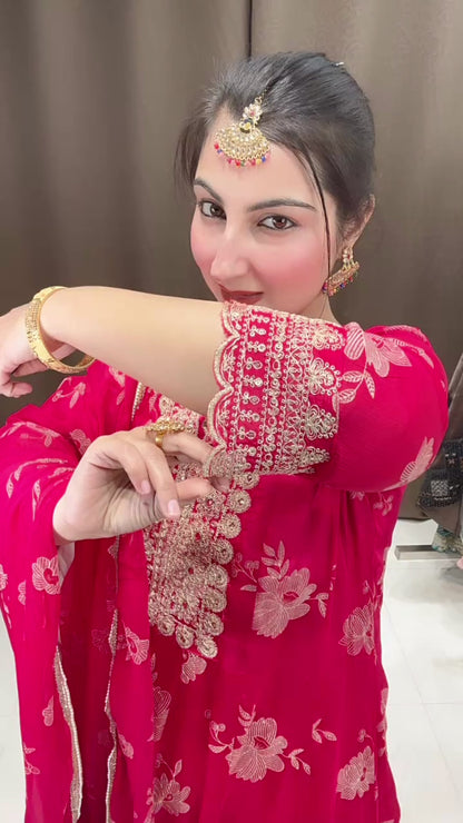 Fuchsia Pink Chinon Partywear Anarkali Suit Set with Beautiful Dupatta